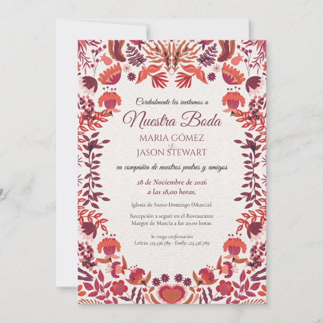 Convite de Casamento Floral Botânico Rosa Borgonha (Frente)