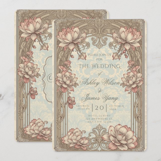 Convite de Casamento Floral Botânico Rosa Dourado (Frente/Verso)