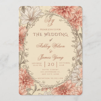 Convite de Casamento Floral Botânico Rosa Elegante