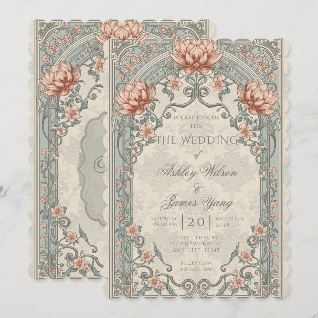 Convite de Casamento Floral Botânico Rosa Prata (Frente/Verso)
