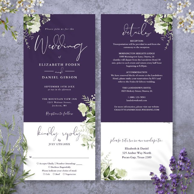 Convite de Casamento Floral Botânico Roxo Tudo em  (Purple Botanical Floral All In One Wedding Invitation)