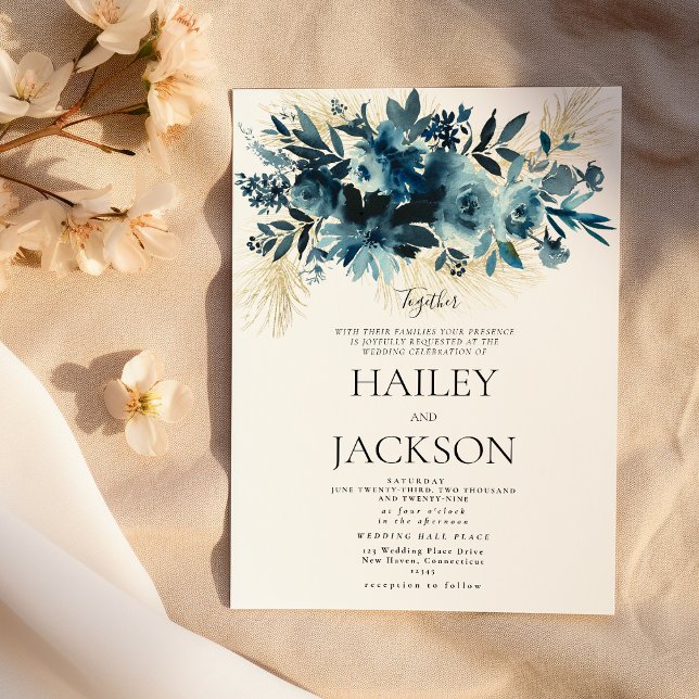Convite de casamento floral bouquet de ouro índigo (Watercolor indigo gold bouquet floral wedding)