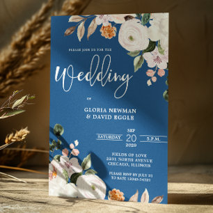 Convite de Casamento Floral Branco Azul Clássico