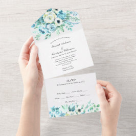 Convite de Casamento Floral Branco Azul Tudo Em Um