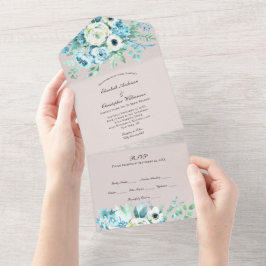 Convite de Casamento Floral Branco Azul Tudo Em Um