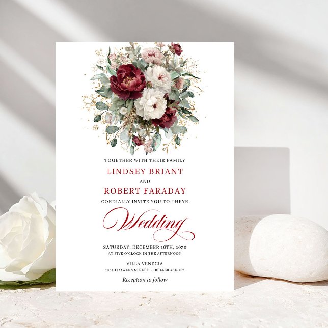 Convite de Casamento Floral Branco Borgonha Atempo (Timeless Burgundy White Floral Gold Wedding Invite)
