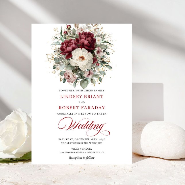 Convite de Casamento Floral Branco Borgonha Jardim (Garden Burgundy White Floral Wedding Invitation)