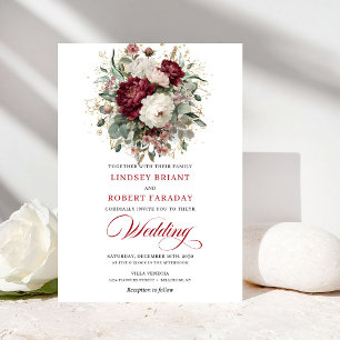 Convite de Casamento Floral Branco Borgonha Modern
