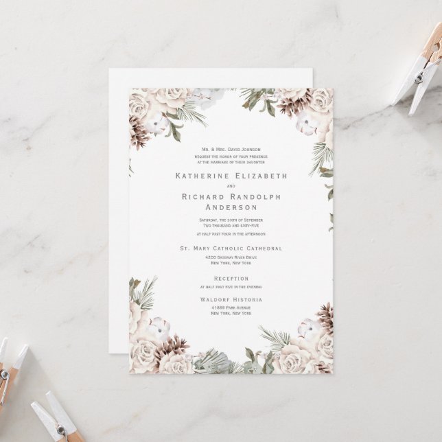 Convite de Casamento Floral Branco de Inverno com  (Frente/Verso In Situ)