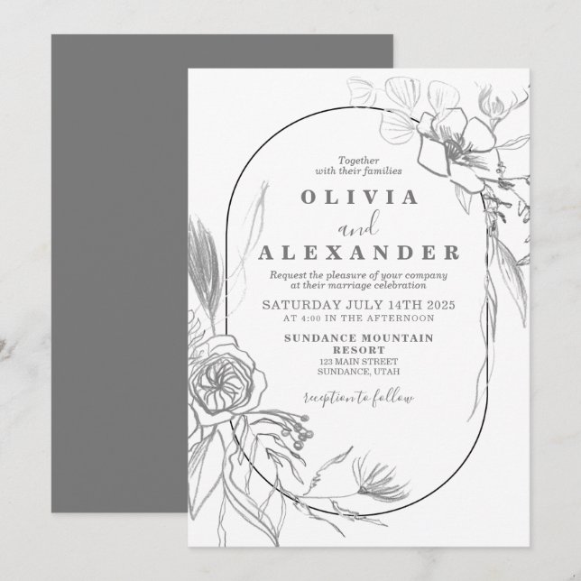 Convite de casamento Floral Branco e Cinza (Frente/Verso)