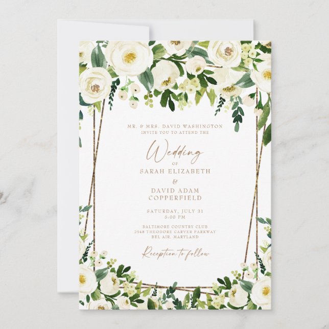 Convite de Casamento Floral Branco e Dourado Elega (Frente)