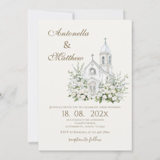 Convite de Casamento Floral Branco e Igreja