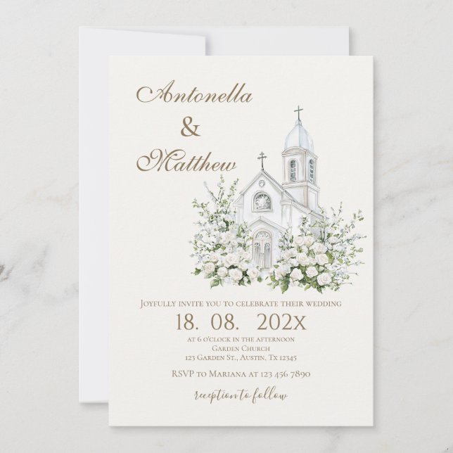 Convite de Casamento Floral Branco e Igreja (Frente)