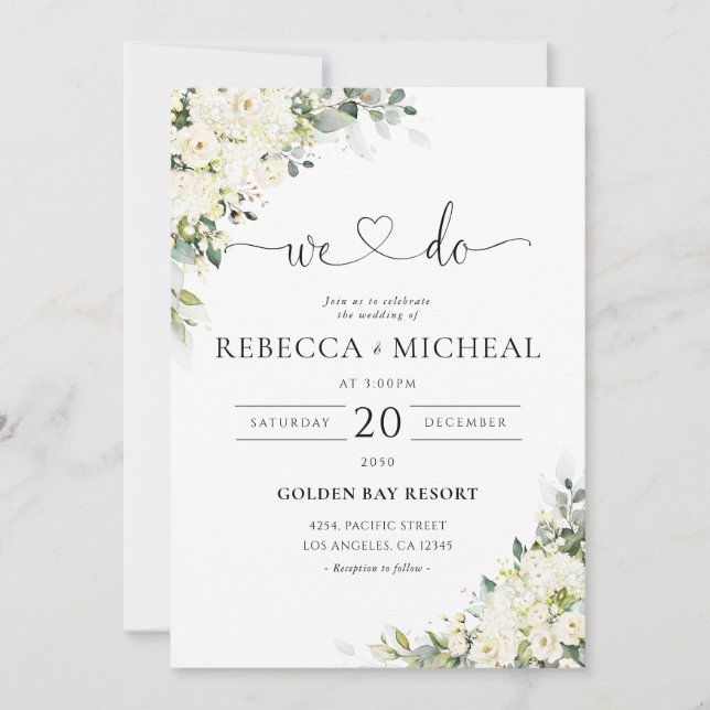 Convite de Casamento Floral Branco Elegante (Frente)