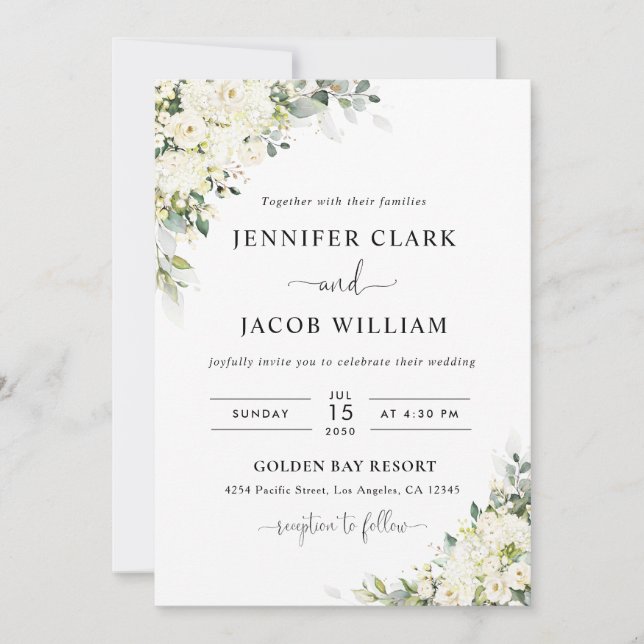 Convite de Casamento Floral Branco Elegante (Frente)