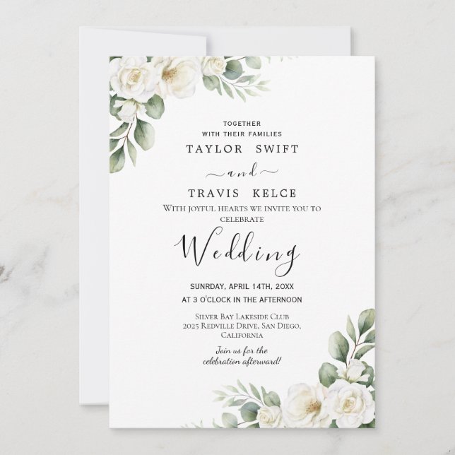 Convite de Casamento Floral Branco Elegante (Frente)