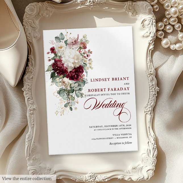 Convite de casamento Floral Branco Elegante Boho B (Elegant Boho Burgundy White Floral Wedding Invite)