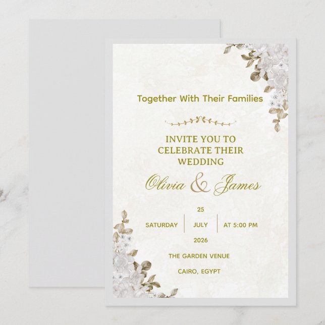 Convite de Casamento Floral Branco Elegante e Folh (Frente/Verso)
