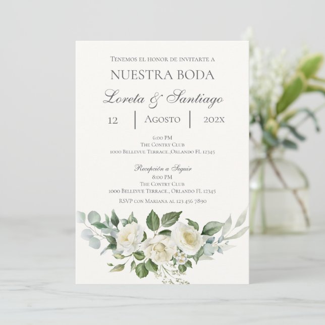 Convite de casamento Floral Branco em espanhol (Em pé/Frente)