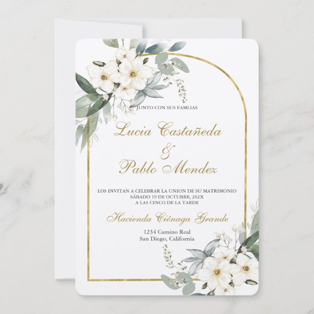 Convite de casamento floral branco espanhol (Frente)