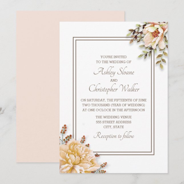 Convite de Casamento Floral Branco Marfim Champanh (Frente/Verso)