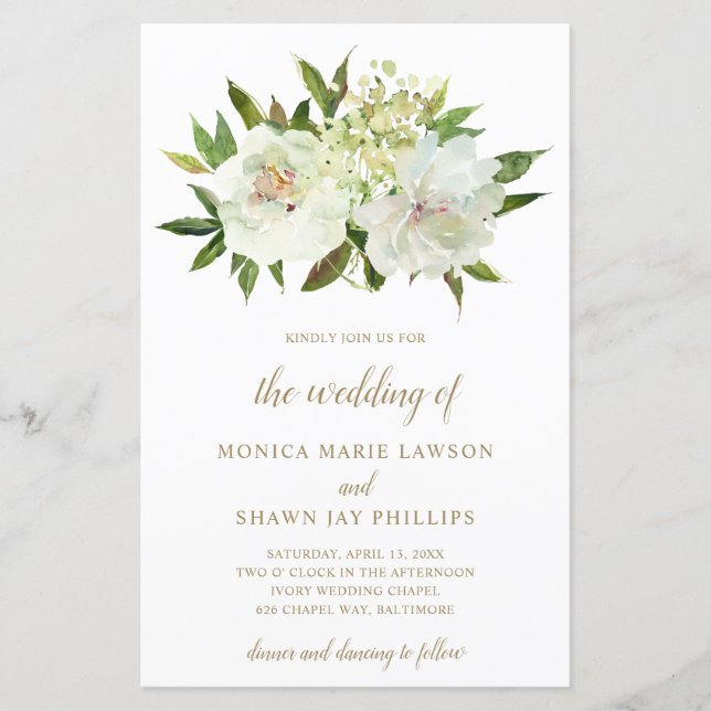 Convite de Casamento Floral Branco Marfim Dourado  (Frente)