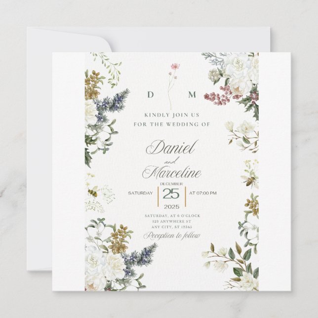 Convite de Casamento Floral Branco - Salvar a Data (Frente)