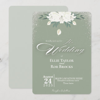 Convite de Casamento Floral Branco Verde Sage Eleg