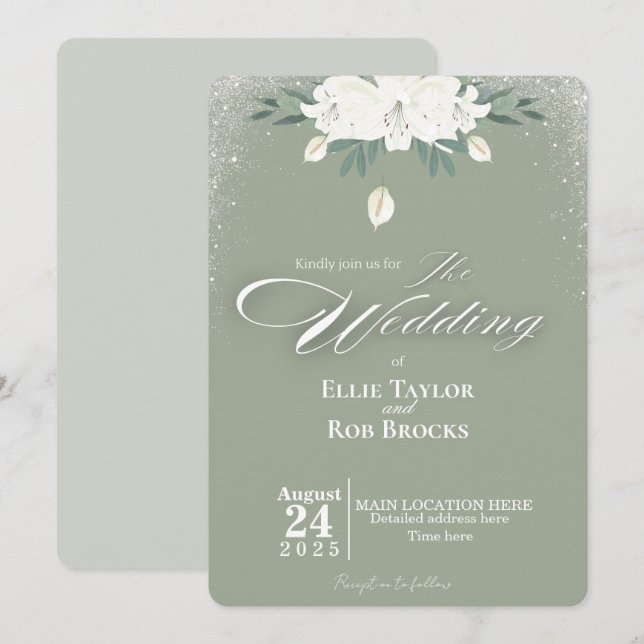 Convite de Casamento Floral Branco Verde Sage Eleg (Frente/Verso)