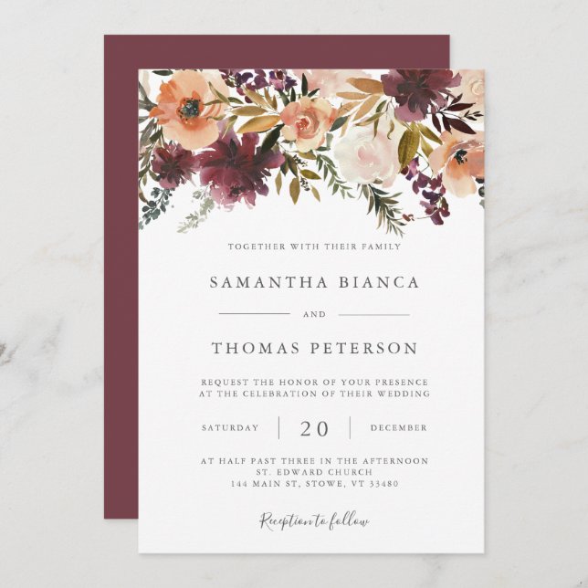 Convite De Casamento Floral Burgundy (Frente/Verso)