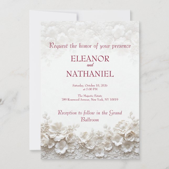 Convite de Casamento Floral Burgundy 3D Branco (Frente)