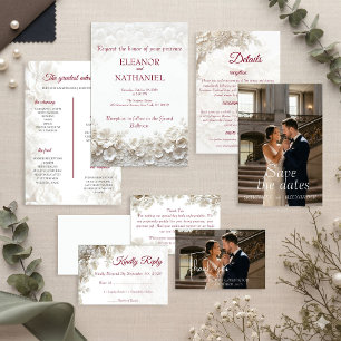 Convite de Casamento Floral Burgundy 3D Branco