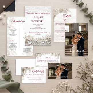 Convite de Casamento Floral Burgundy 3D Branco