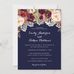 Convite de Casamento Floral Burgundy com Renda