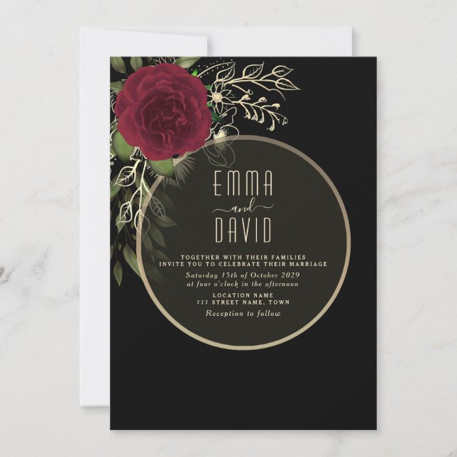 Convite de Casamento Floral Burgundy e Preto Mal-h (Frente)