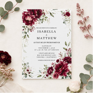 Convite de Casamento Floral Burgundy Elegante