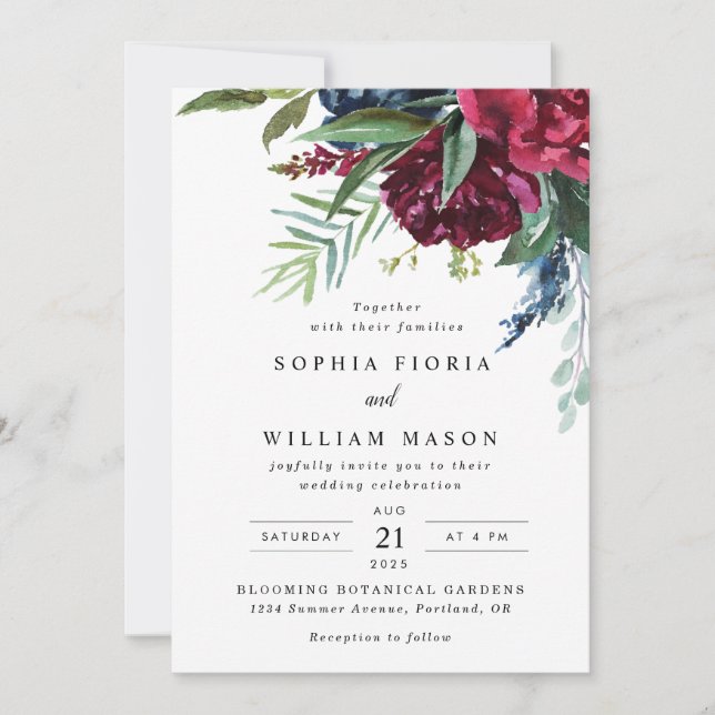 Convite de Casamento Floral Burgundy Navy (Frente)