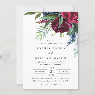 Convite de Casamento Floral Burgundy Navy