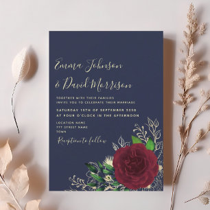Convite de Casamento Floral Burgundy Navy