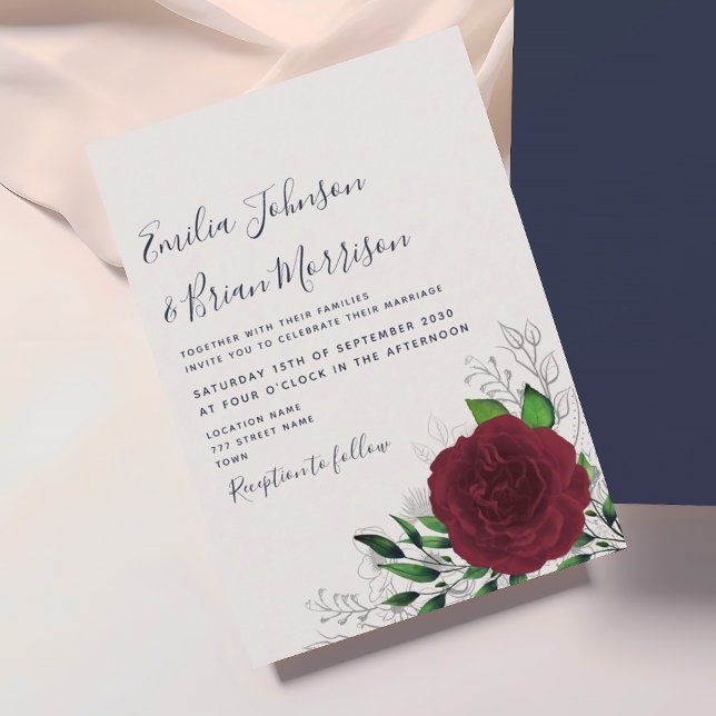 Convite de Casamento Floral Burgundy Navy (Criador carregado)