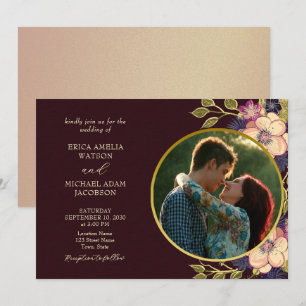 Convite de Casamento Floral Burgundy Rústico
