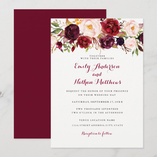 Convite de Casamento Floral Burgundy Rústico (Frente/Verso)