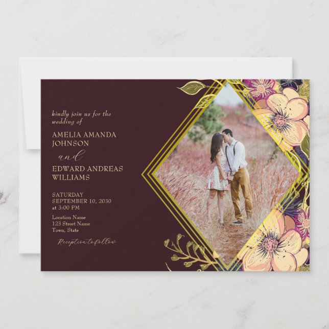 Convite de Casamento Floral Burgundy Rústico (Frente)