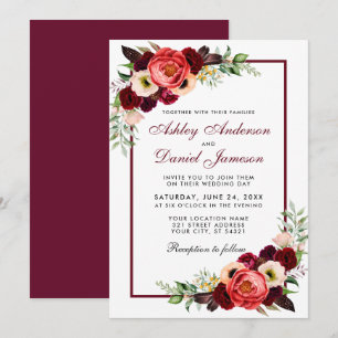 Convite de casamento Floral Burgundy Watercolor
