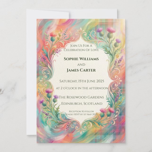 Convite de Casamento Floral Cardo de Chuva de Core (Frente)