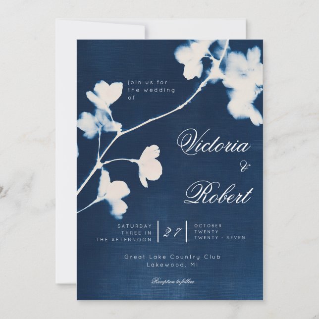 Convite de Casamento Floral Cayanotype Sun Print (Frente)