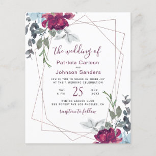 Convite de casamento floral chic bordô econômico