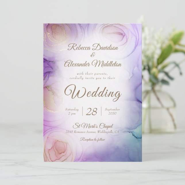 Convite De Casamento Floral Chic Purple (Em pé/Frente)
