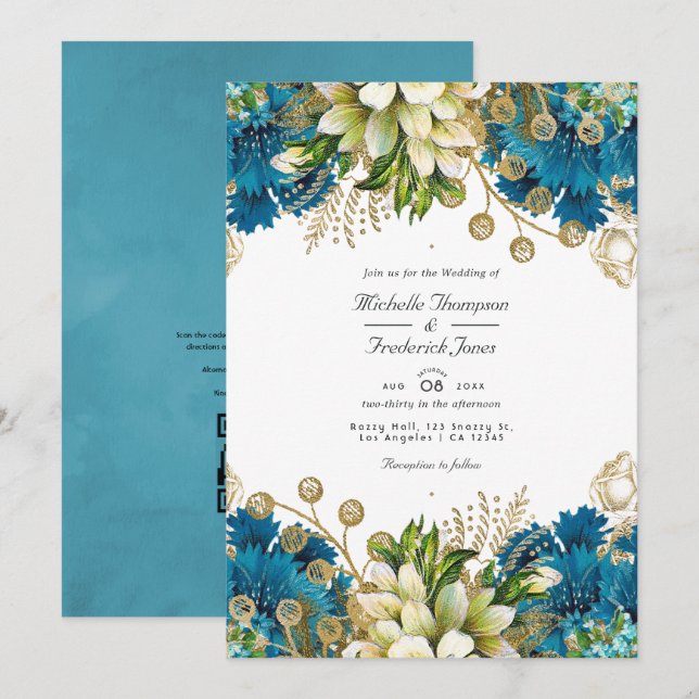 Convite de Casamento Floral Chic Turquesa e Dourad (Frente/Verso)
