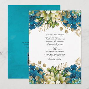 Convite de Casamento Floral Chic Turquesa e Dourad